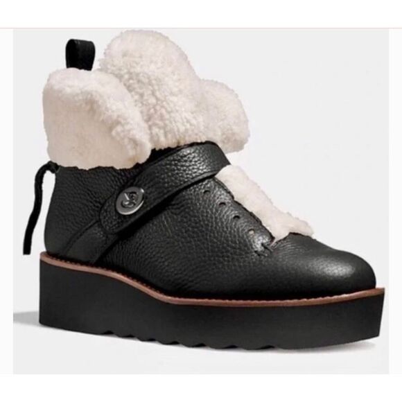 Coach Urban Hiker black leather shearling lined hiker ankle boots - Picture 1 of 9